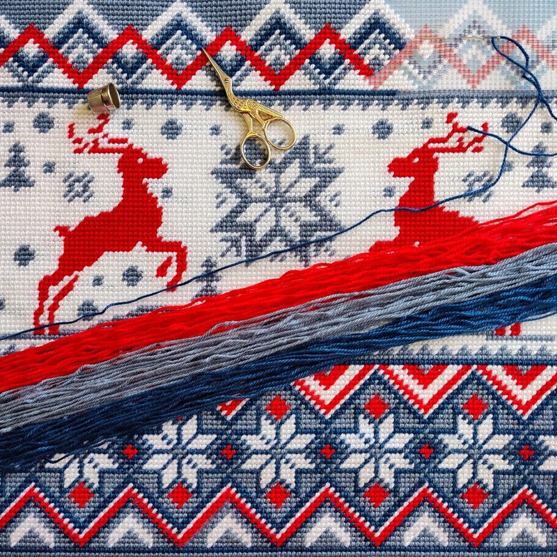 Brvsk Winter Stamped Cross-Stitch Kit for Adults and Beginners — Reindeer Pattern 16″ × 16″ with Clear, Precise Printed Design on Cotton Canvas; Includes 2 Needles, Yarn, and Easy-Read Chart - Image 2
